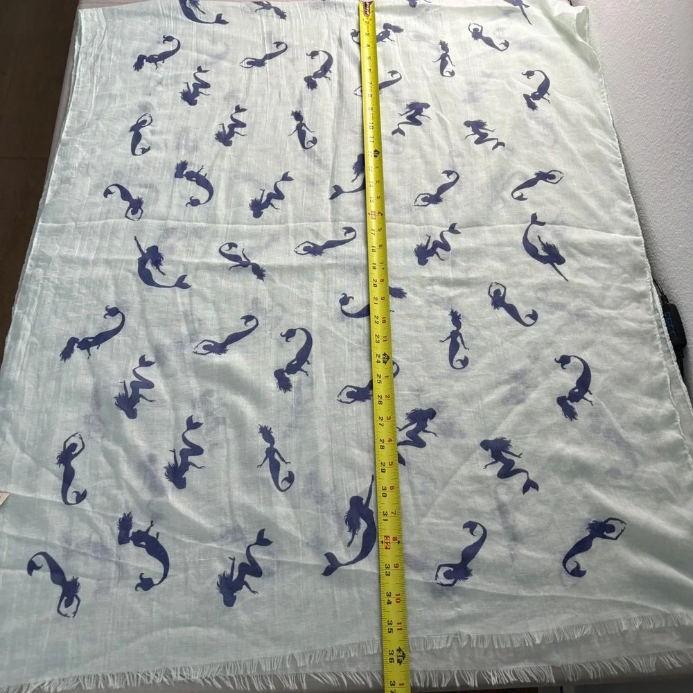 JD Sunny Just Classic Mermaid Print Cotton Scarf‎ Mint Green Navy Blue Fringe